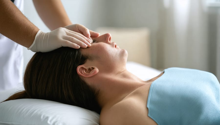 Individual using acoustic wave therapy device while lying on treatment table at home