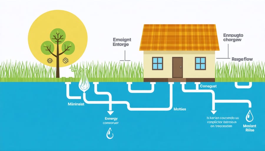 Cross-section diagram of a house showing water-energy interaction points including water heater, appliances, and irrigation system
