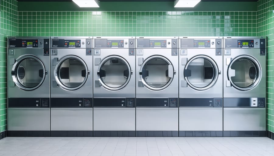 Commercial laundry equipment layout showing proper spacing and access paths
