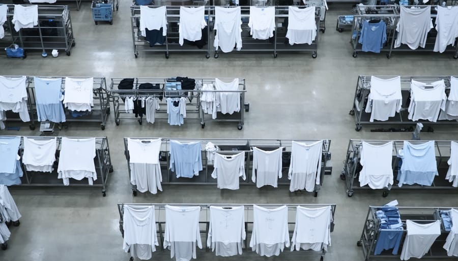 Bird's eye view of industrial laundry room layout with marked workflow zones