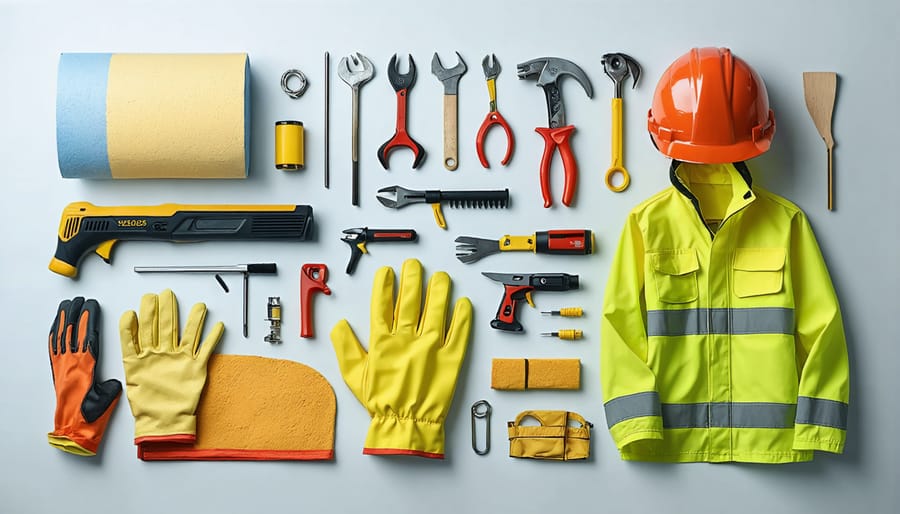 Organized display of insulation tools including mask, gloves, utility knife, measuring tape, and protective clothing