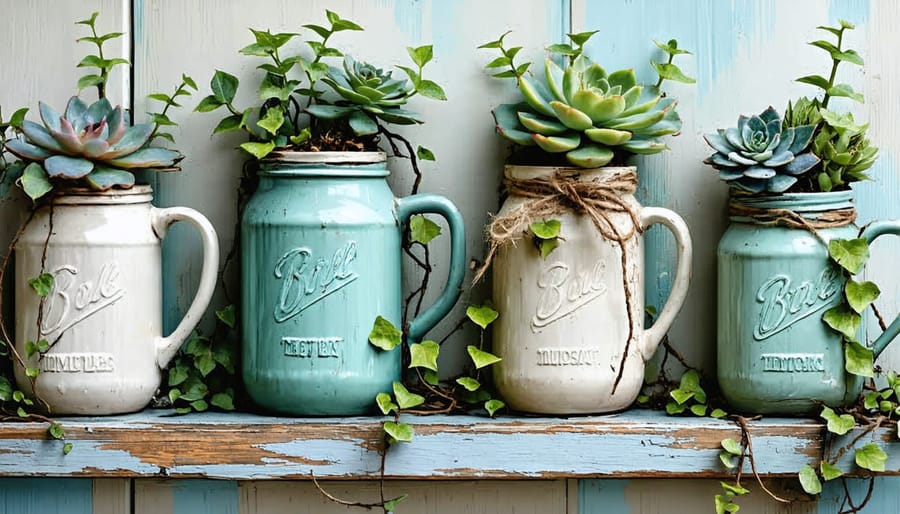 Creative display of kitchen items transformed into planters featuring teapots and mason jars with thriving plants