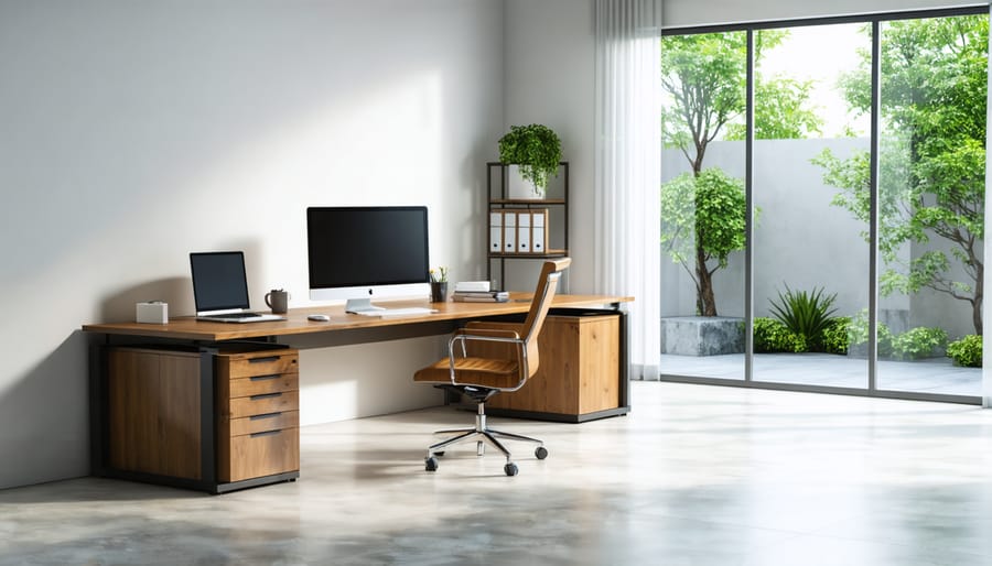 L-shaped ergonomic desk setup with dual monitors, ergonomic chair, and organized workspace sections