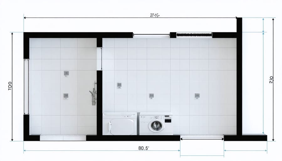 Technical diagram of a 5x5 laundry room layout showing standard appliance and clearance measurements