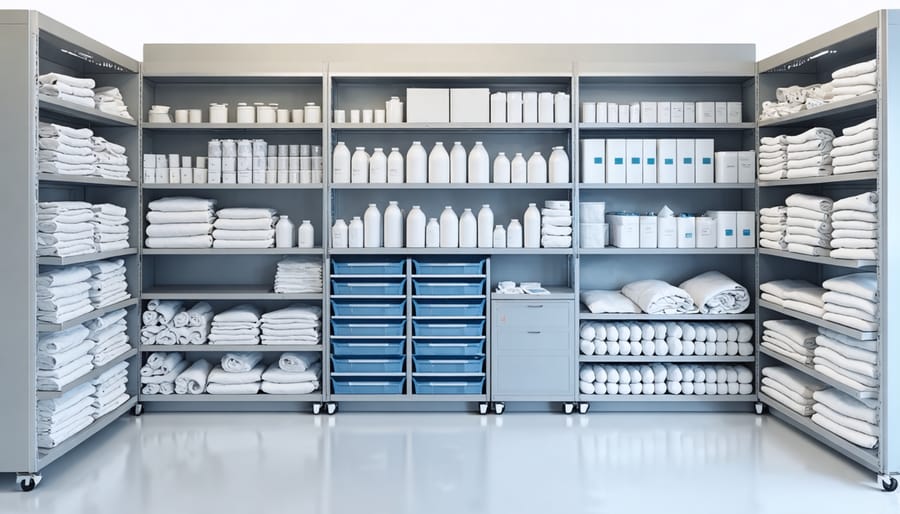 Industrial laundry storage solution with shelving units and rolling carts