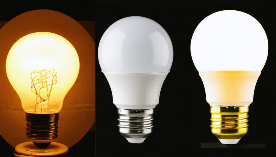 Side-by-side comparison of incandescent, CFL, and smart LED bulbs showing technological progression