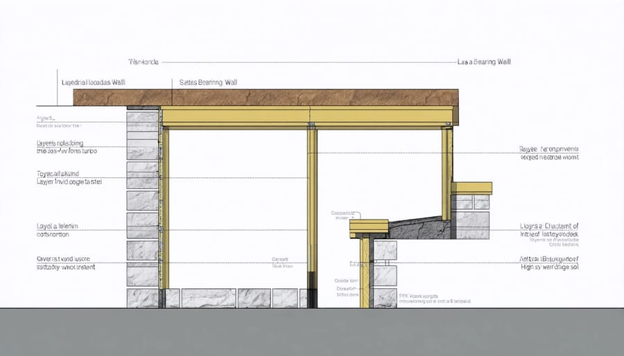Detailed cutaway illustration of a load-bearing wall showing studs, plates, insulation, and load transfer