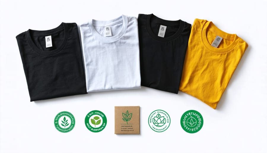 High-end sustainable t-shirts displaying eco-certification labels and quality craftsmanship