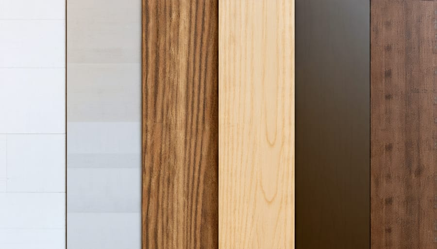 Various material samples for office built-ins including wood, handles, and counter surfaces