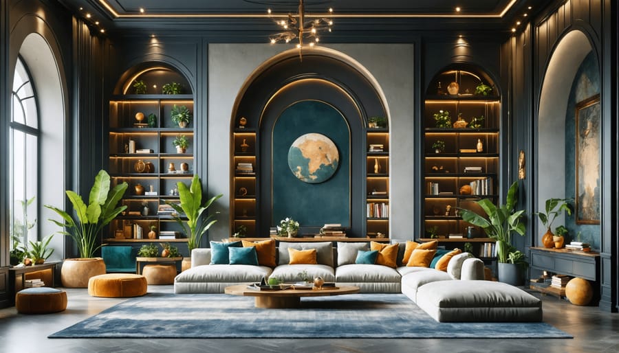 Luxurious maximalist interior featuring architectural elements and elaborate decorative styling