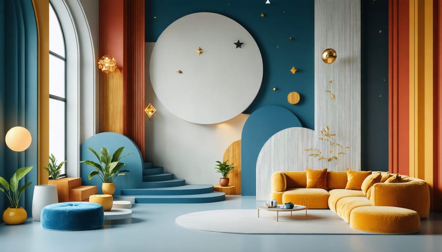 Exploded view diagram of maximalist room components from architecture to decoration