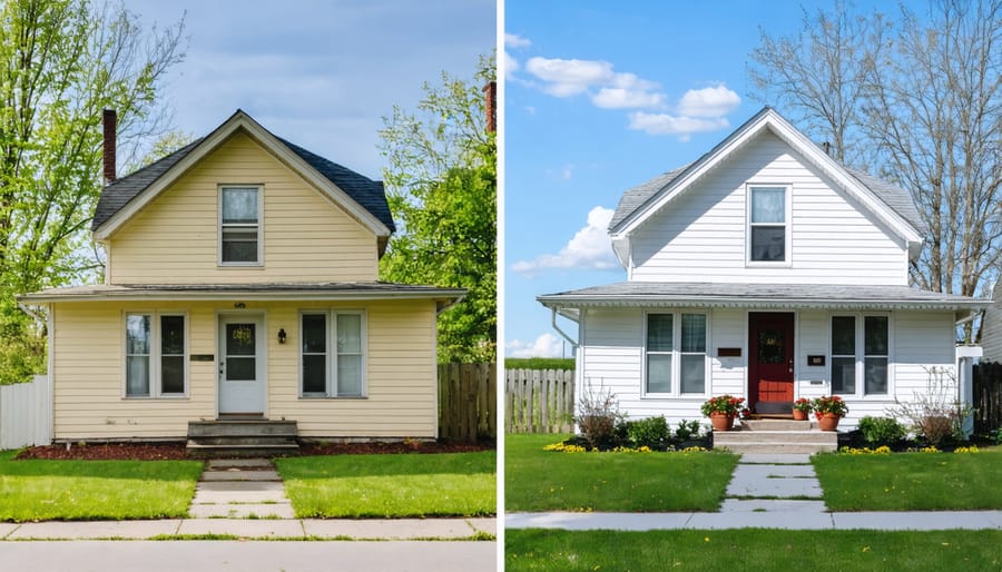 Split image showing the transformation of a mid-century modern home exterior, featuring restored architectural lines and updated color scheme