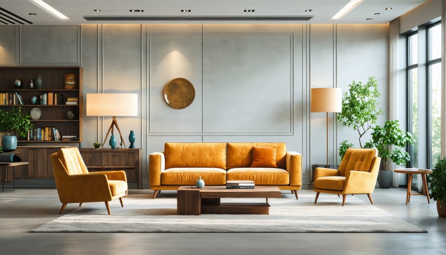 Curated selection of period-appropriate furniture and lighting showcasing mid-century modern style