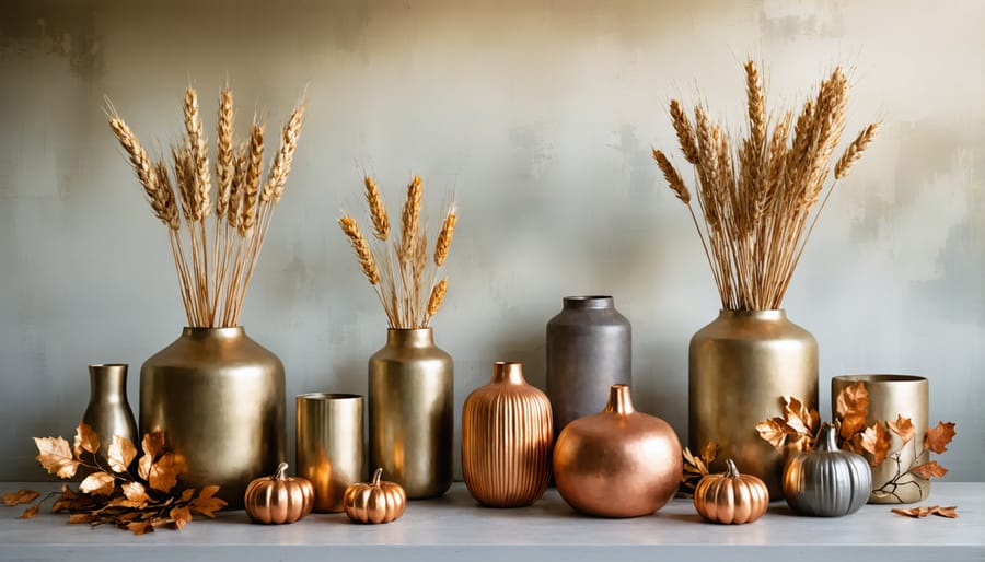Contemporary autumn centerpiece with gold and copper elements in geometric vases