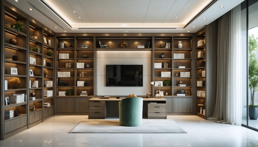 Custom white built-in office with wraparound desk and full-height bookshelves