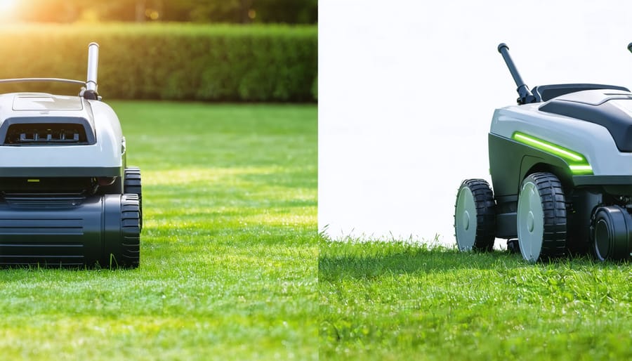 Side-by-side comparison of correct and incorrect robotic mower maintenance techniques