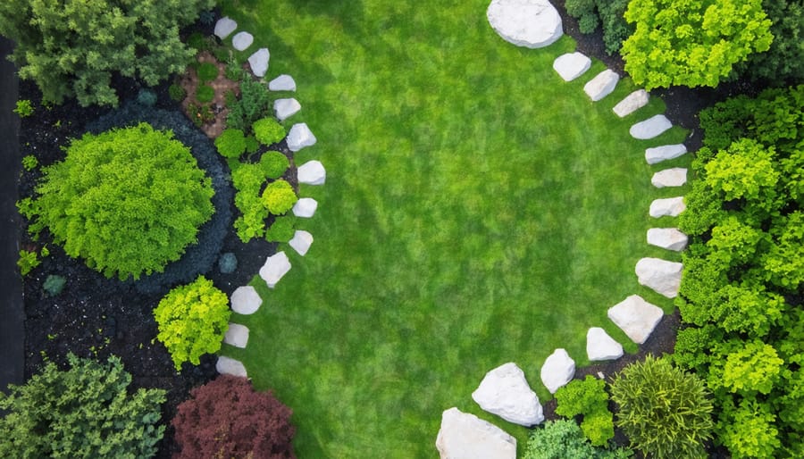 Bird's eye view of a landscaped backyard featuring curved pathways and natural terrain integration