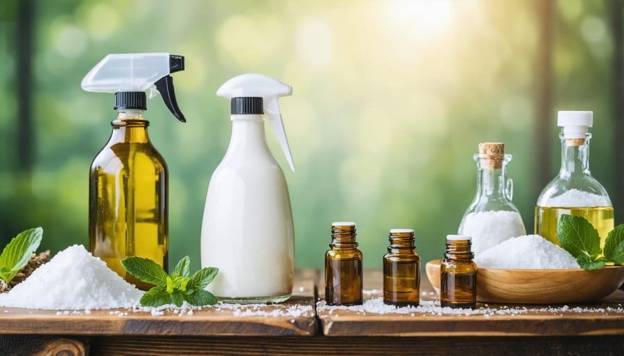 Natural cleaning ingredients displayed alongside wooden furniture pieces