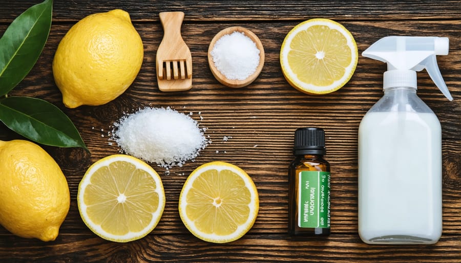 Natural cleaning ingredients including lemons, white vinegar, baking soda, and essential oil bottles arranged on wooden surface