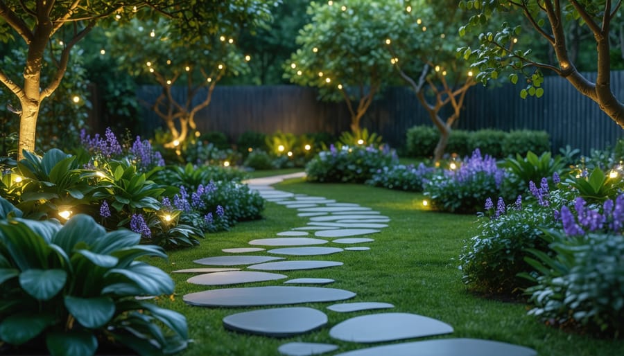 Night garden illuminated by solar lights and natural moonlight