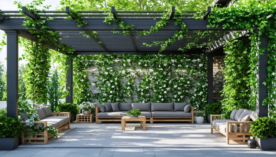 Wooden pergola covered with flowering vines creating a shaded seating area