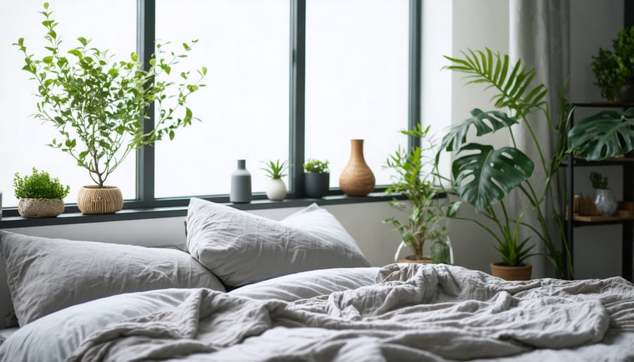 Peaceful bedroom environment featuring organic bedding and natural wellness elements