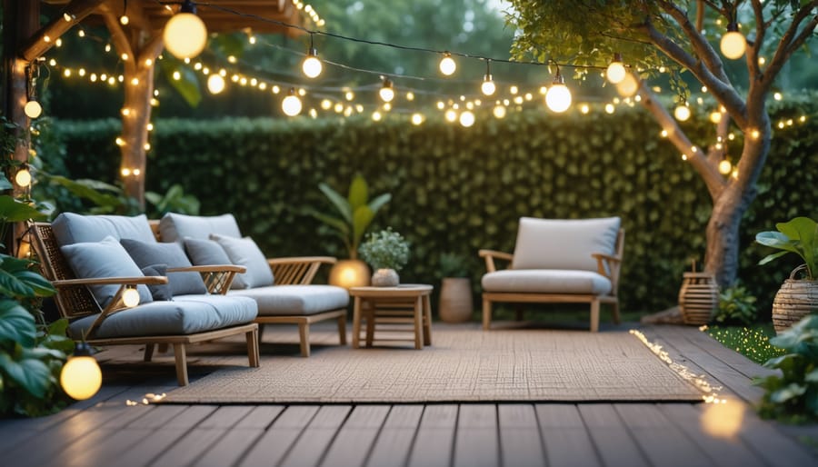 Cozy outdoor patio at dusk illuminated by hanging string lights and solar pathway lights