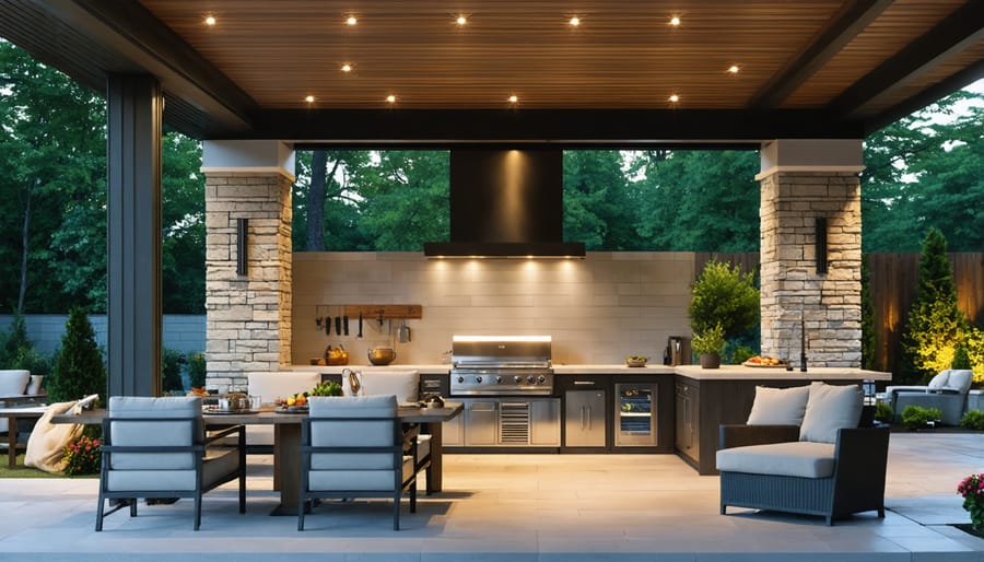 Outdoor kitchen at night showcasing task and ambient lighting design