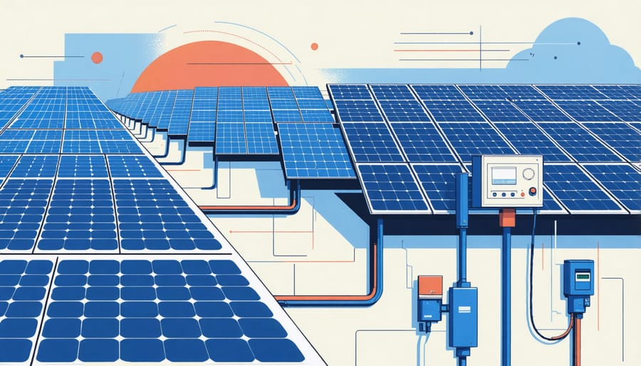 Illustration of houses sharing solar energy through a blockchain network