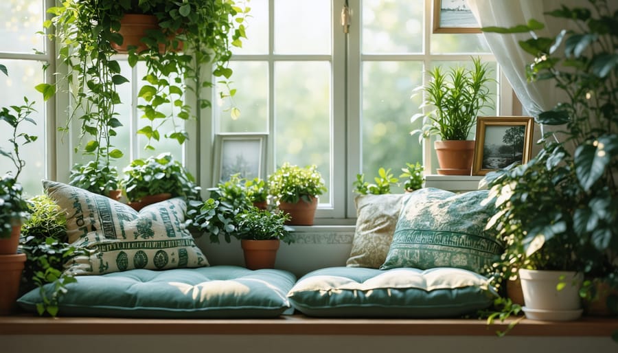 Window seat reading nook decorated with cushions, potted plants, and framed family photos