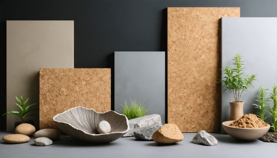 Display of sustainable interior design materials including cork, mycelium, and hemp