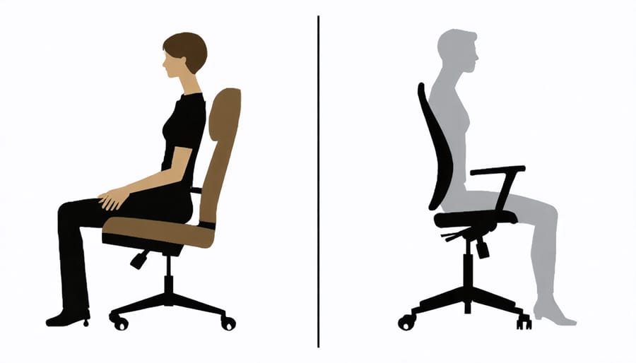 Side-by-side comparison of incorrect and correct sitting posture in living room chairs