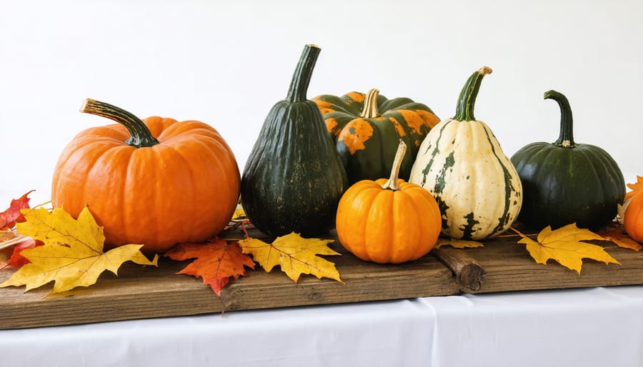 Autumn centerpiece with orange and white pumpkins, decorative gourds, and maple leaves on a wooden table