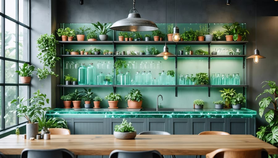 Kitchen featuring recycled glass countertops and repurposed metal lighting