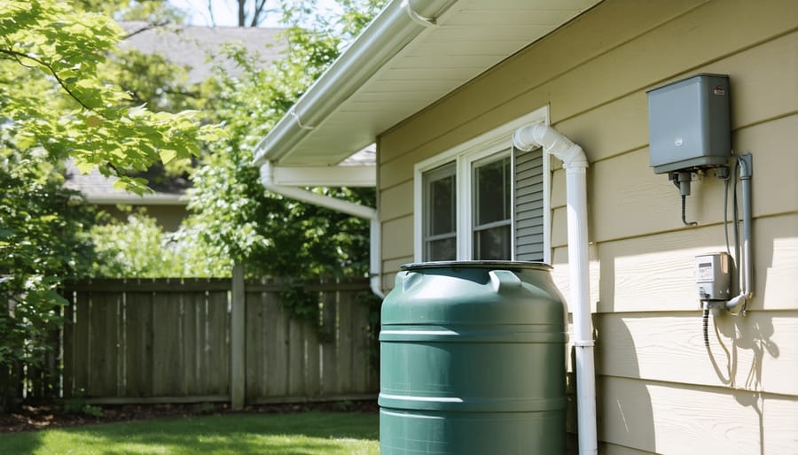 Home rain collection system showing barrel installation and gutter connection