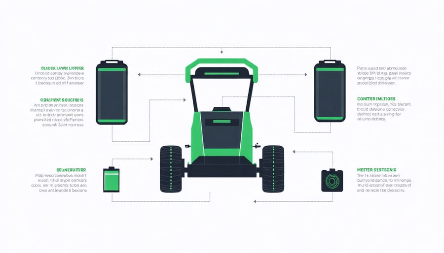 Labeled diagram of robotic lawn mower components and their durability ratings