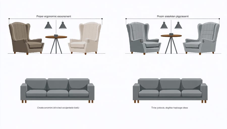 Floor plan illustrations demonstrating optimal ergonomic chair placement in various room layouts