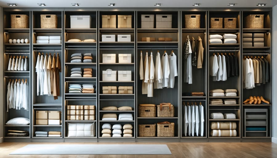 Well-organized closet showing labeled storage containers for different seasonal decorations