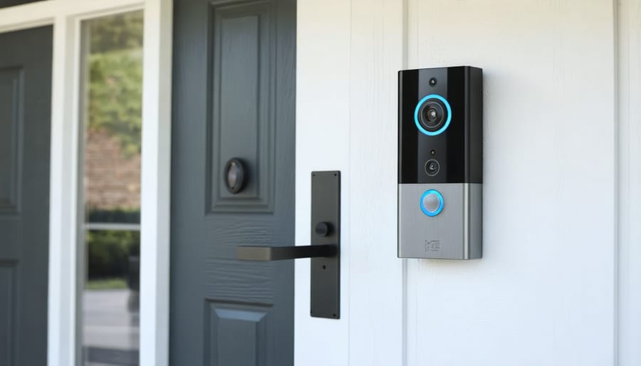 Smart video doorbell mounted on house exterior with mobile phone display showing live feed