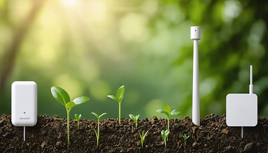 Collection of smart garden sensors monitoring soil conditions in a vegetable garden