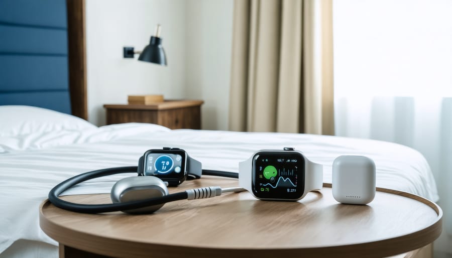 Various smart health monitoring devices for home use displayed on a nightstand