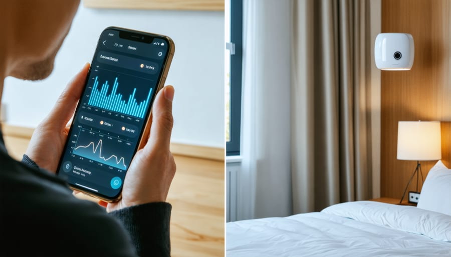 Person using smart home health monitoring app with visible environmental sensors