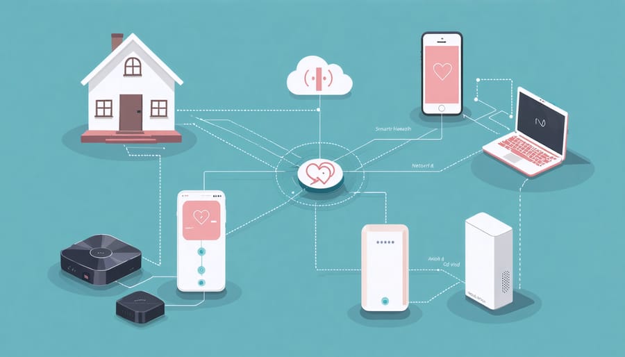 Infographic showing smart health device connectivity and data flow in a smart home
