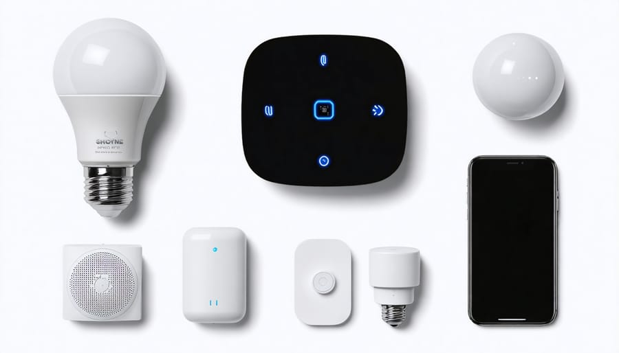 Collection of popular smart home devices and components laid out on a white surface