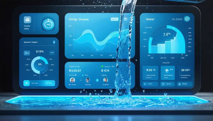 Mobile phone screen showing smart home dashboard with water and energy consumption graphs and controls
