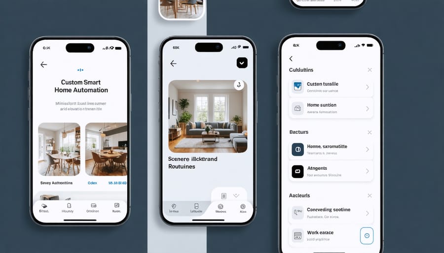 Mobile app interface displaying various smart home automation scenes and schedules