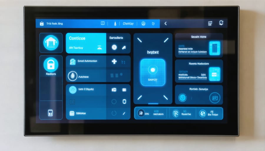 Mobile device displaying smart home security dashboard with lighting controls and sensor status
