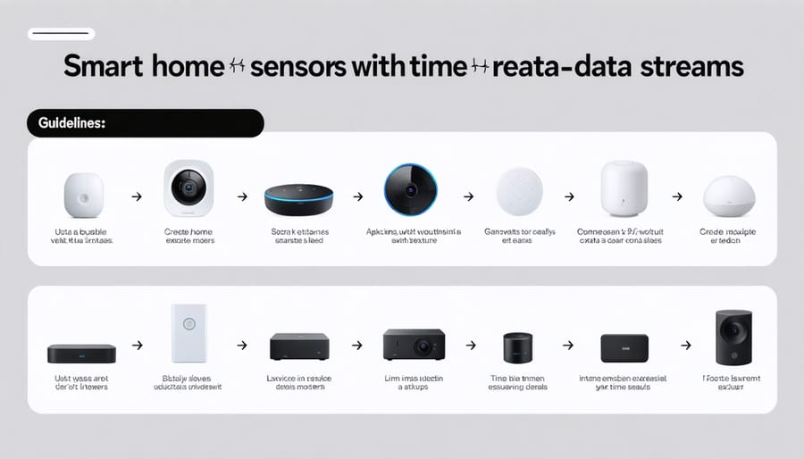 Network of smart home sensors monitoring temperature, humidity, energy usage, and appliance status