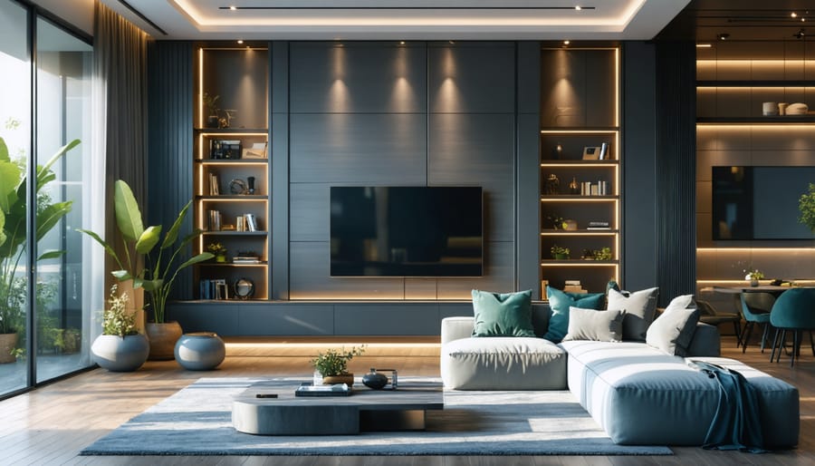 Stylish living room demonstrating different layers of LED lighting including ceiling, wall, and floor fixtures