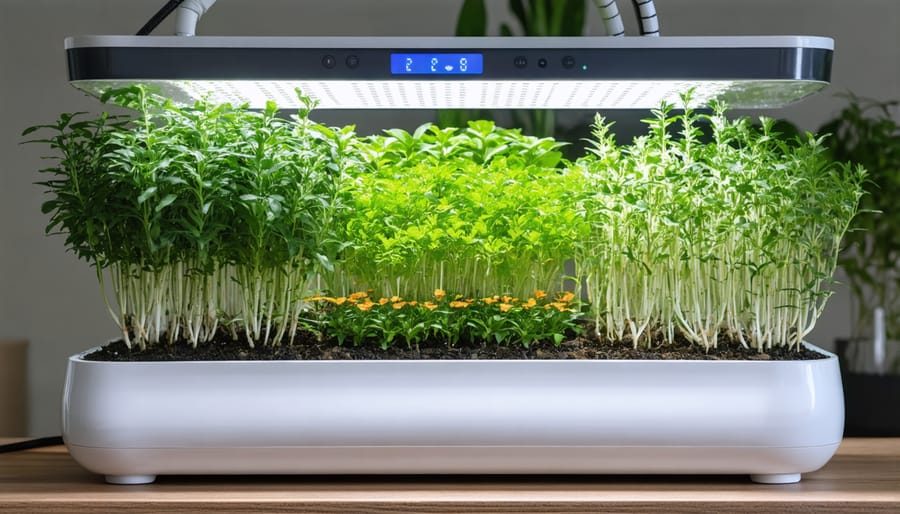 High-tech planter featuring built-in grow lights and digital monitoring system for plant health